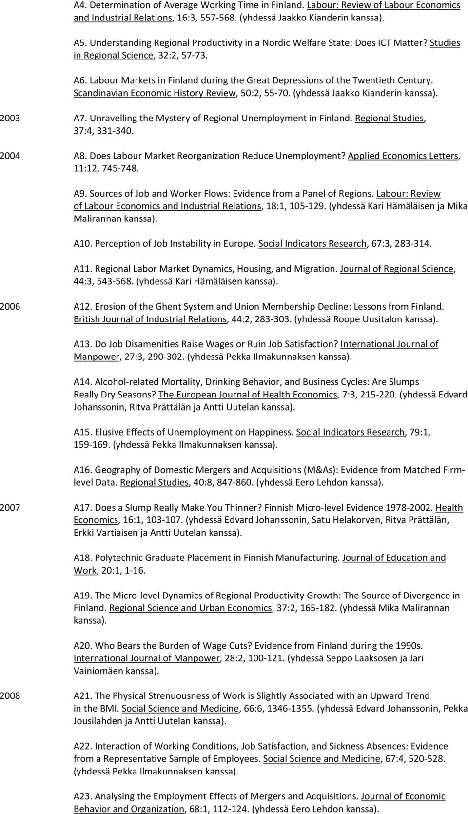 Labour Markets in Finland during the Great Depressions of the Twentieth Century. Scandinavian Economic History Review, 50:2, 55-70. (yhdessä Jaakko Kianderin 2003 A7.