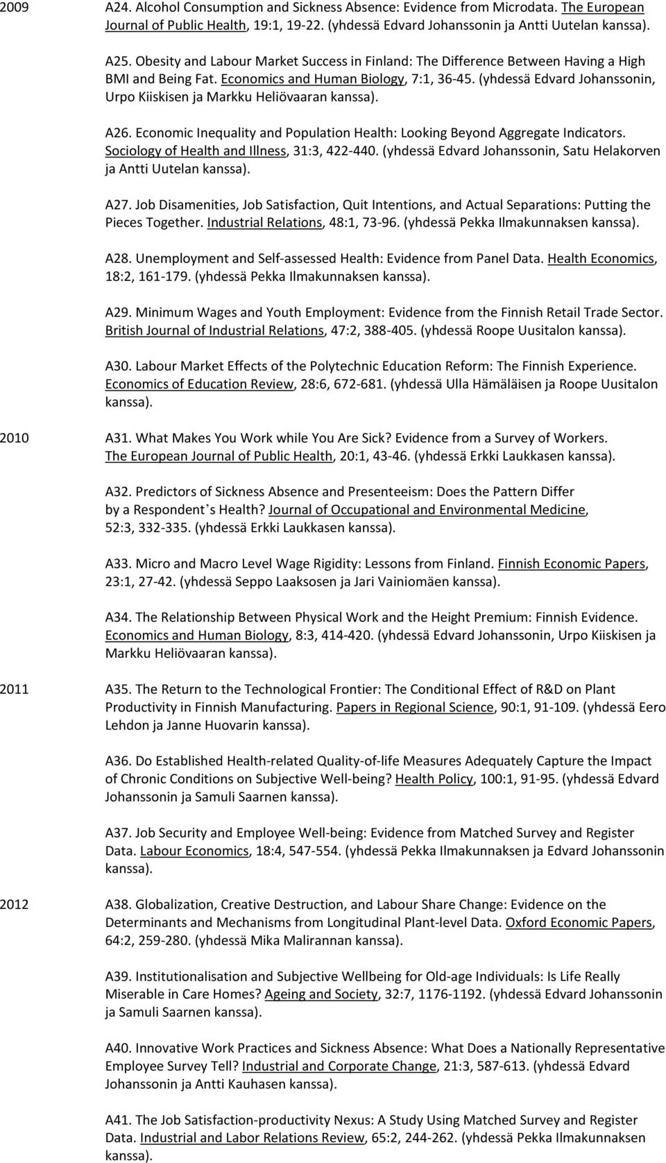 (yhdessä Edvard Johanssonin, Urpo Kiiskisen ja Markku Heliövaaran A26. Economic Inequality and Population Health: Looking Beyond Aggregate Indicators. Sociology of Health and Illness, 31:3, 422-440.