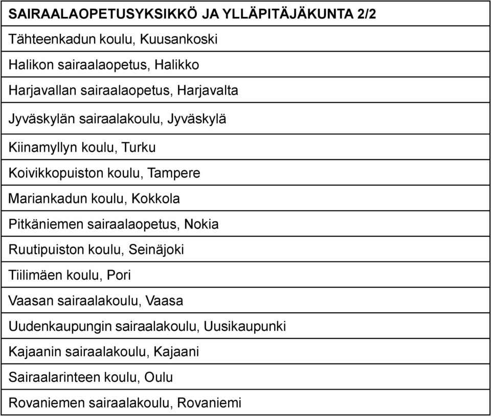 Mariankadun koulu, Kokkola Pitkäniemen sairaalaopetus, Nokia Ruutipuiston koulu, Seinäjoki Tiilimäen koulu, Pori Vaasan