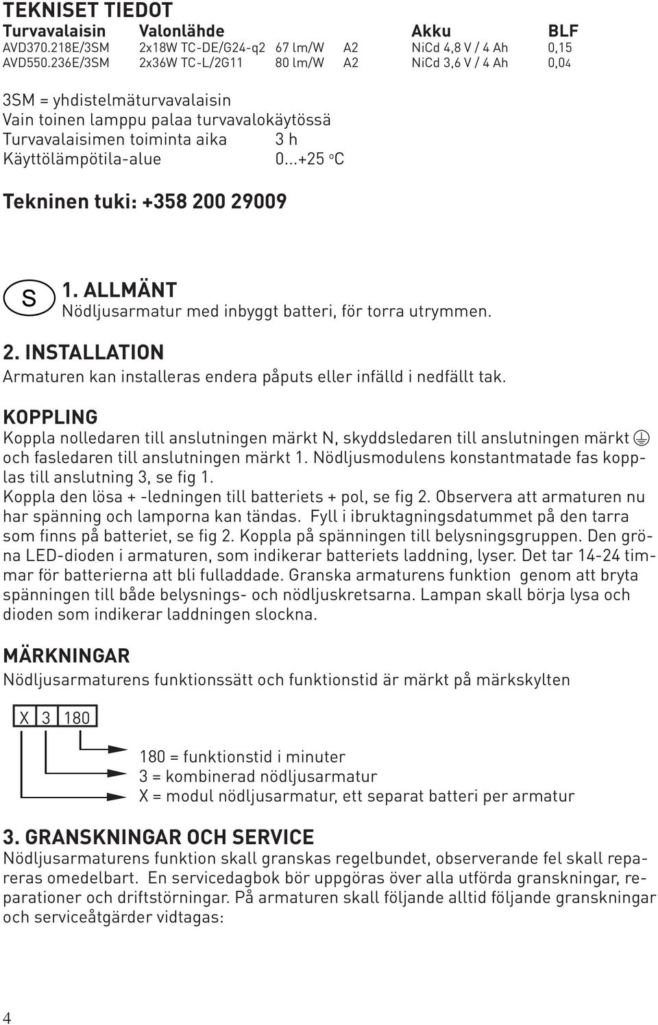 ..+25 o C Tekninen tuki: +358 200 29009 1. ALLMÄNT Nödljusarmatur med inbyggt batteri, för torra utrymmen. 2. INSTALLATION Armaturen kan installeras endera påputs eller infälld i nedfällt tak.