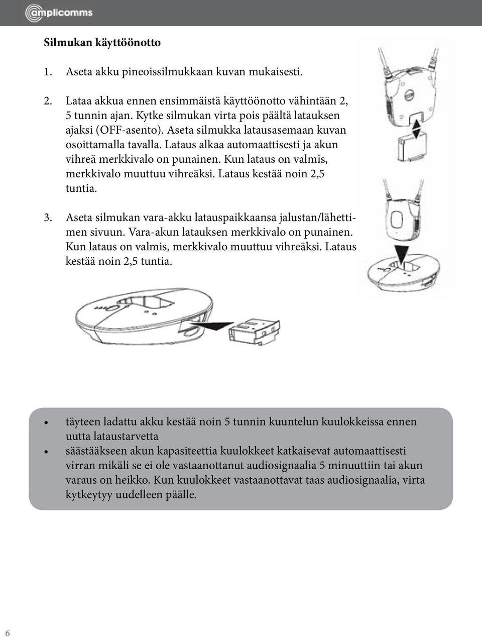 Kun lataus on valmis, merkkivalo muuttuu vihreäksi. Lataus kestää noin 2,5 tuntia. 3. Aseta silmukan vara-akku latauspaikkaansa jalustan/lähettimen sivuun. Vara-akun latauksen merkkivalo on punainen.