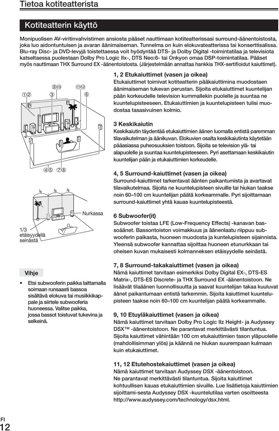 Blu-ray Disc- ja DVD-levyjä toistettaessa voit hyödyntää DTS- ja Dolby Digital -toimintatilaa ja televisiota katseltaessa puolestaan Dolby Pro Logic IIx-, DTS Neo:6- tai Onkyon omaa DSP-toimintatilaa.