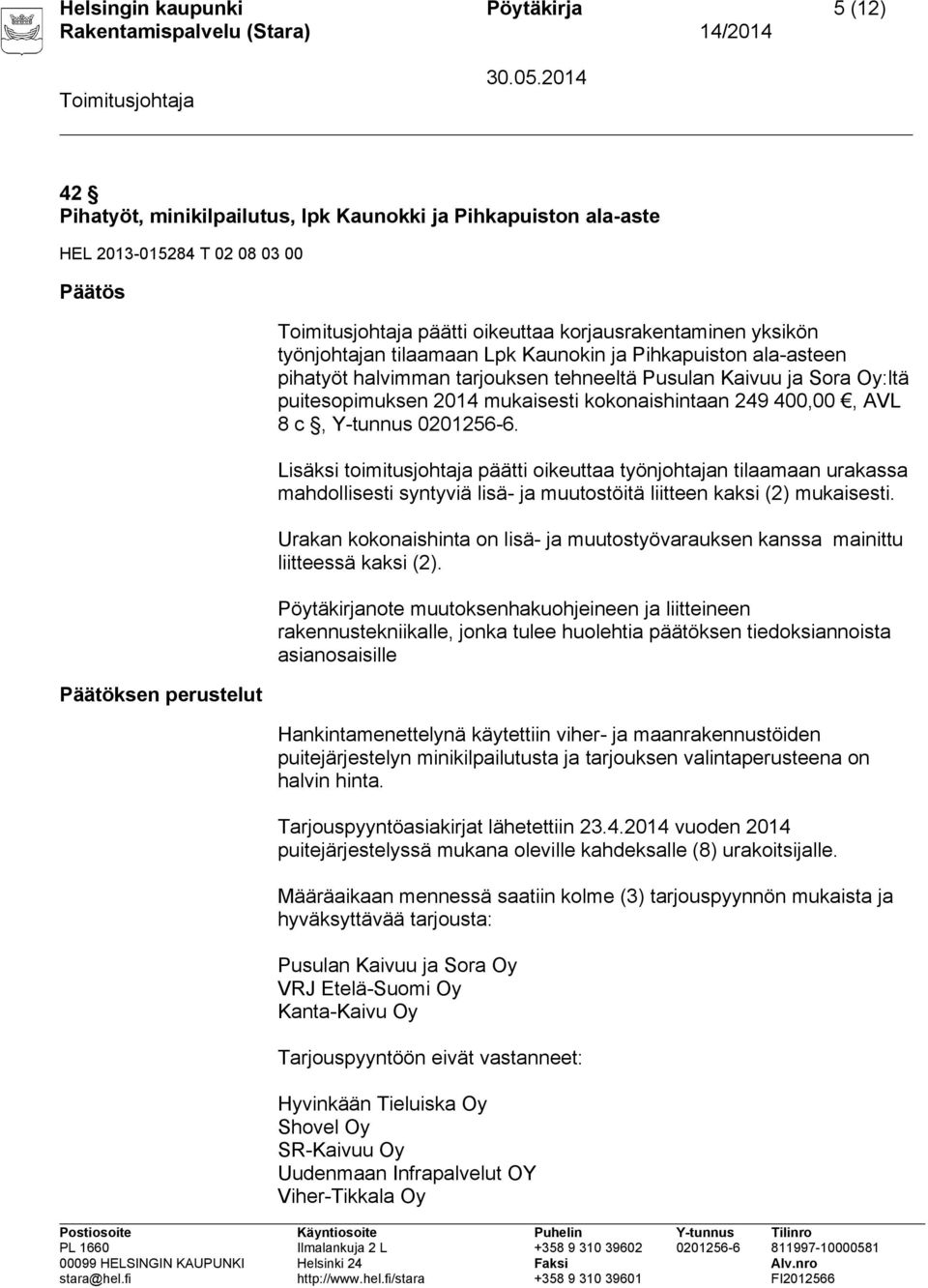 400,00, AVL 8 c, Y-tunnus 0201256-6. Lisäksi toimitusjohtaja päätti oikeuttaa työnjohtajan tilaamaan urakassa mahdollisesti syntyviä lisä- ja muutostöitä liitteen kaksi (2) mukaisesti.