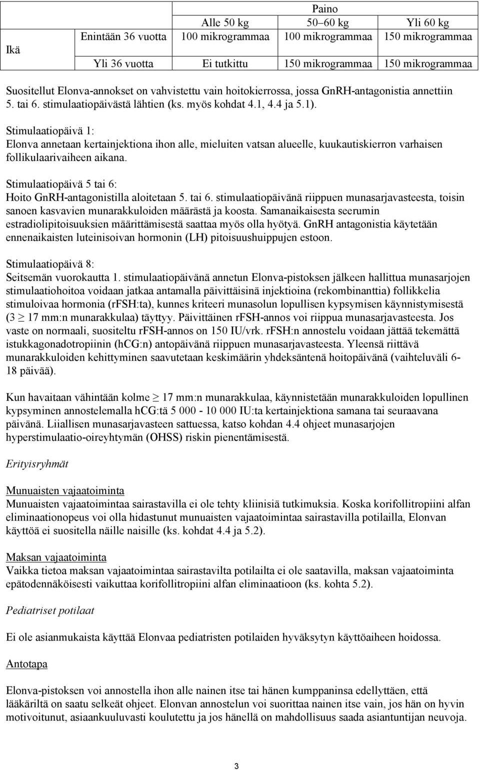 Stimulaatiopäivä 1: Elonva annetaan kertainjektiona ihon alle, mieluiten vatsan alueelle, kuukautiskierron varhaisen follikulaarivaiheen aikana.