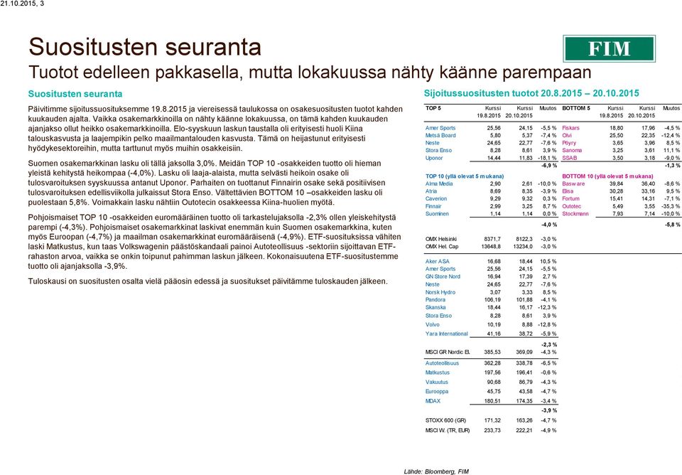 Vaikka osakemarkkinoilla on nähty käänne lokakuussa, on tämä kahden kuukauden ajanjakso ollut heikko osakemarkkinoilla.