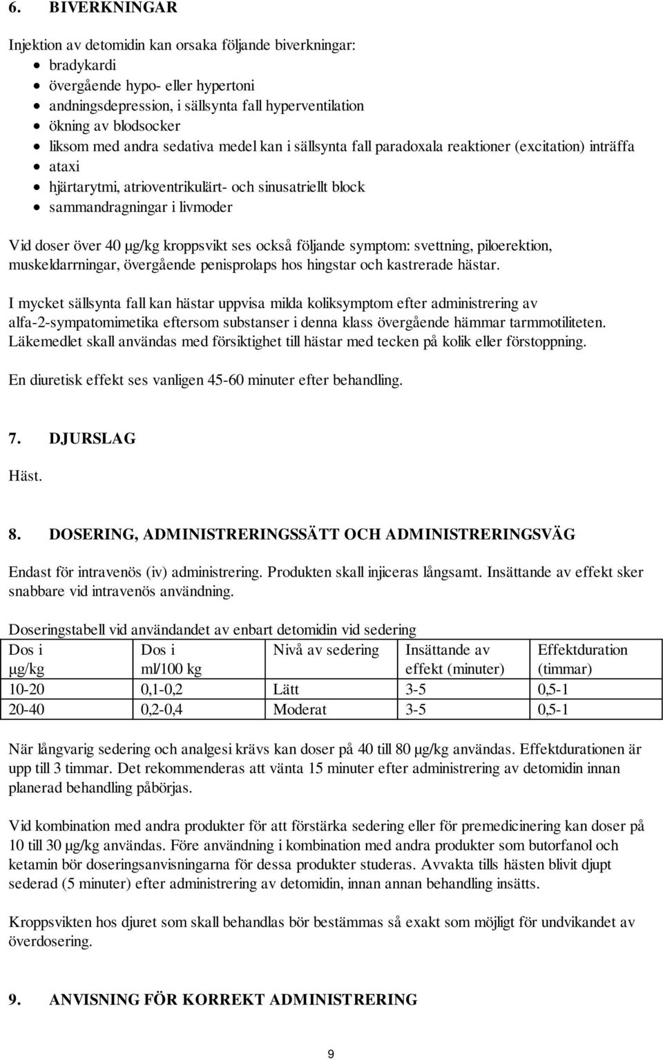 µg/kg kroppsvikt ses också följande symptom: svettning, piloerektion, muskeldarrningar, övergående penisprolaps hos hingstar och kastrerade hästar.
