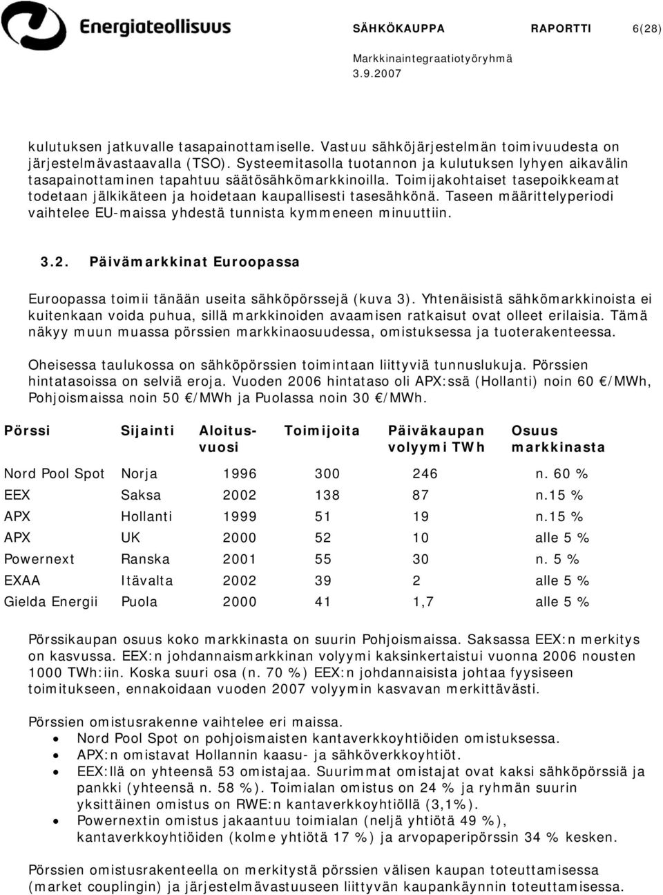 Taseen määrittelyperiodi vaihtelee EU-maissa yhdestä tunnista kymmeneen minuuttiin. 3.2. Päivämarkkinat Euroopassa Euroopassa toimii tänään useita sähköpörssejä (kuva 3).