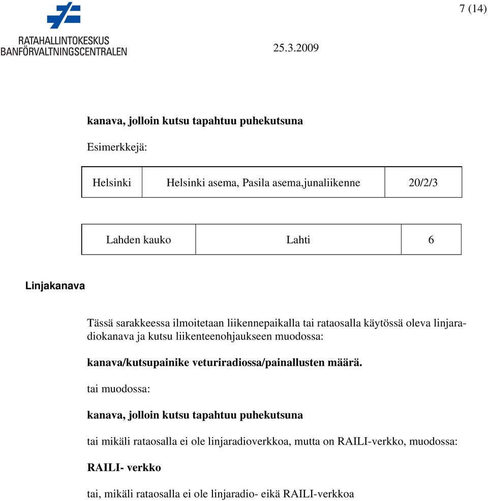 liikenteenohjaukseen muodossa: kanava/kutsupainike veturiradiossa/painallusten määrä.