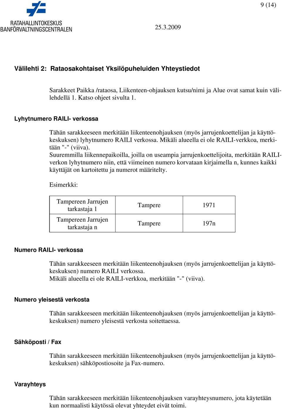 Mikäli alueella ei ole RAILI-verkkoa, merkitään "-" (viiva).