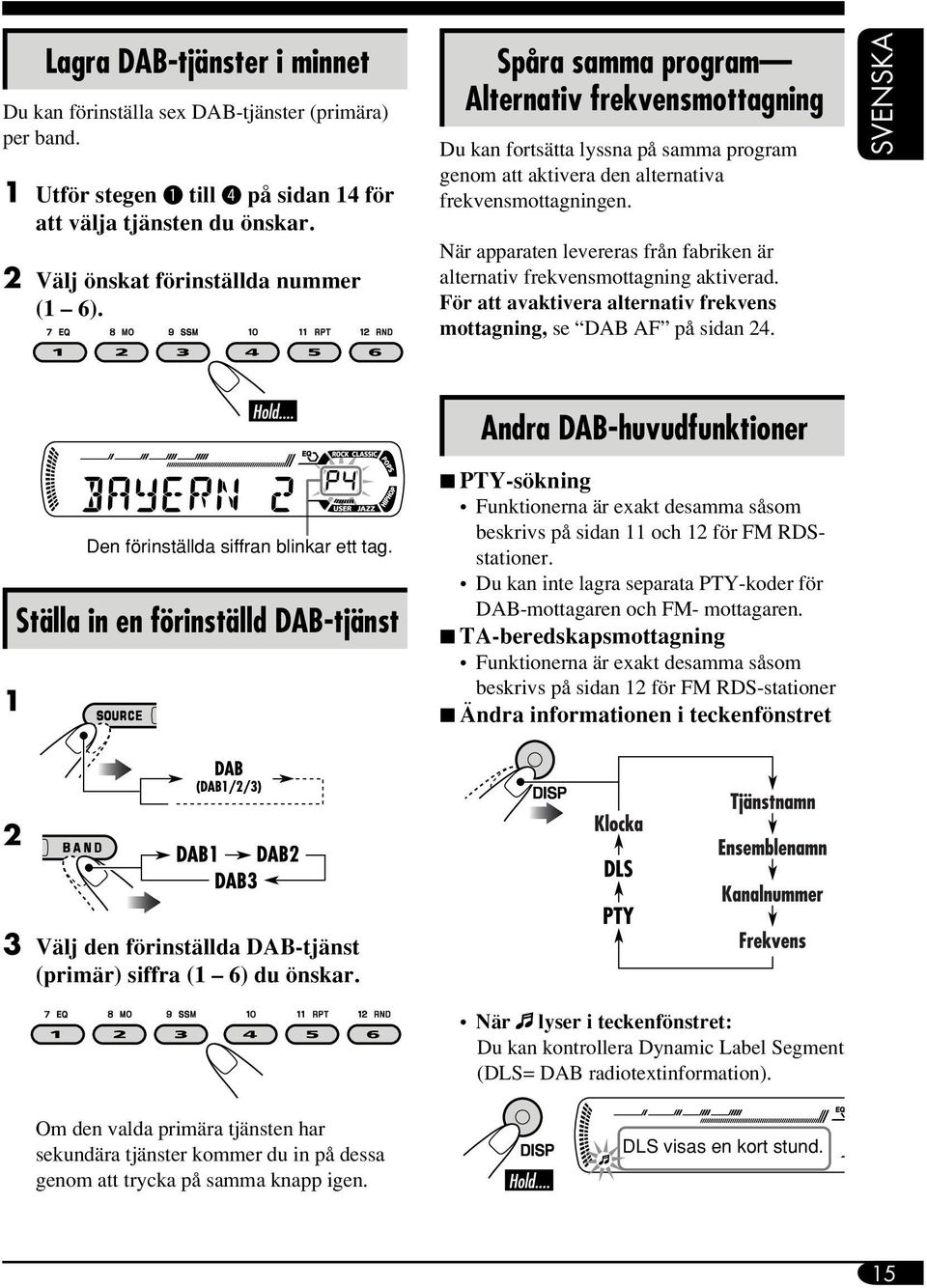 När apparaten levereras från fabriken är alternativ frekvensmottagning aktiverad. För att avaktivera alternativ frekvens mottagning, se DAB AF på sidan 24.