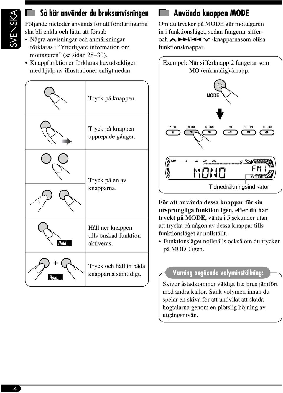 Knappfunktioner förklaras huvudsakligen med hjälp av illustrationer enligt nedan: Använda knappen MODE Om du trycker på MODE går mottagaren in i funktionsläget, sedan fungerar sifferoch /4