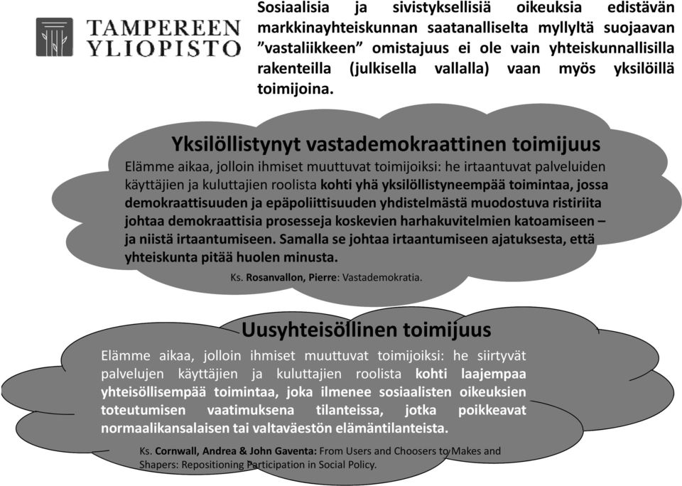 Yksilöllistynyt vastademokraattinen toimijuus Elämme aikaa, jolloin ihmiset muuttuvat toimijoiksi: he irtaantuvat palveluiden käyttäjien ja kuluttajien roolista kohti yhä yksilöllistyneempää