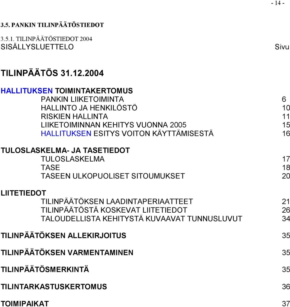 VOITON KÄYTTÄMISESTÄ 16 TULOSLASKELMA- JA TASETIEDOT TULOSLASKELMA 17 TASE 18 TASEEN ULKOPUOLISET SITOUMUKSET 20 LIITETIEDOT TILINPÄÄTÖKSEN LAADINTAPERIAATTEET