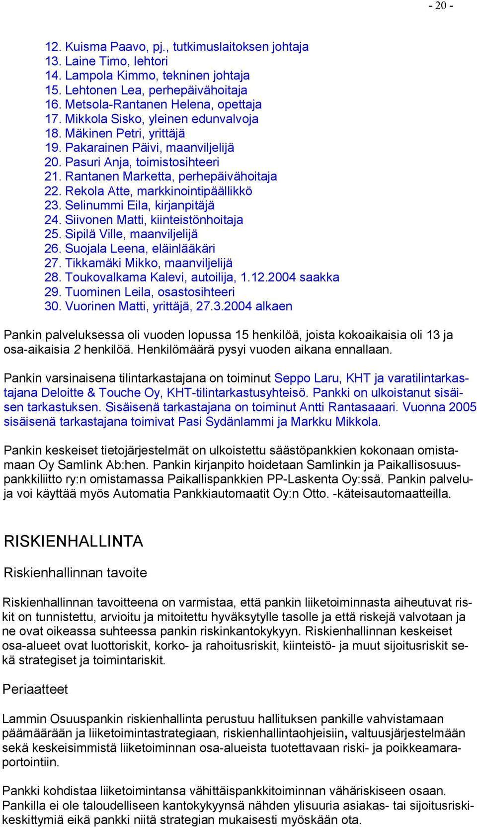 Rekola Atte, markkinointipäällikkö 23. Selinummi Eila, kirjanpitäjä 24. Siivonen Matti, kiinteistönhoitaja 25. Sipilä Ville, maanviljelijä 26. Suojala Leena, eläinlääkäri 27.