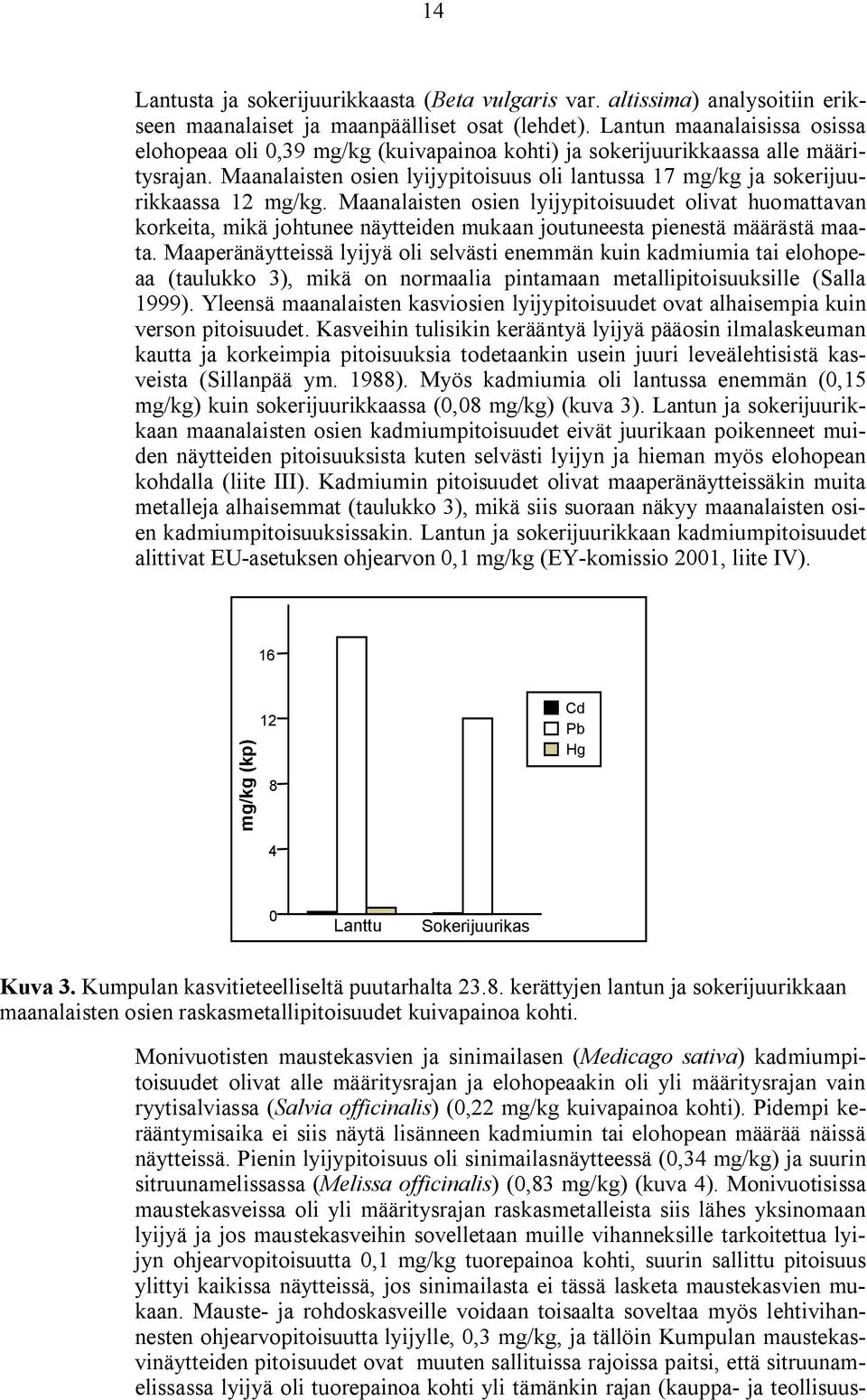 Maanalaisten osien lyijypitoisuus oli lantussa 17 mg/kg ja sokerijuurikkaassa 12 mg/kg.