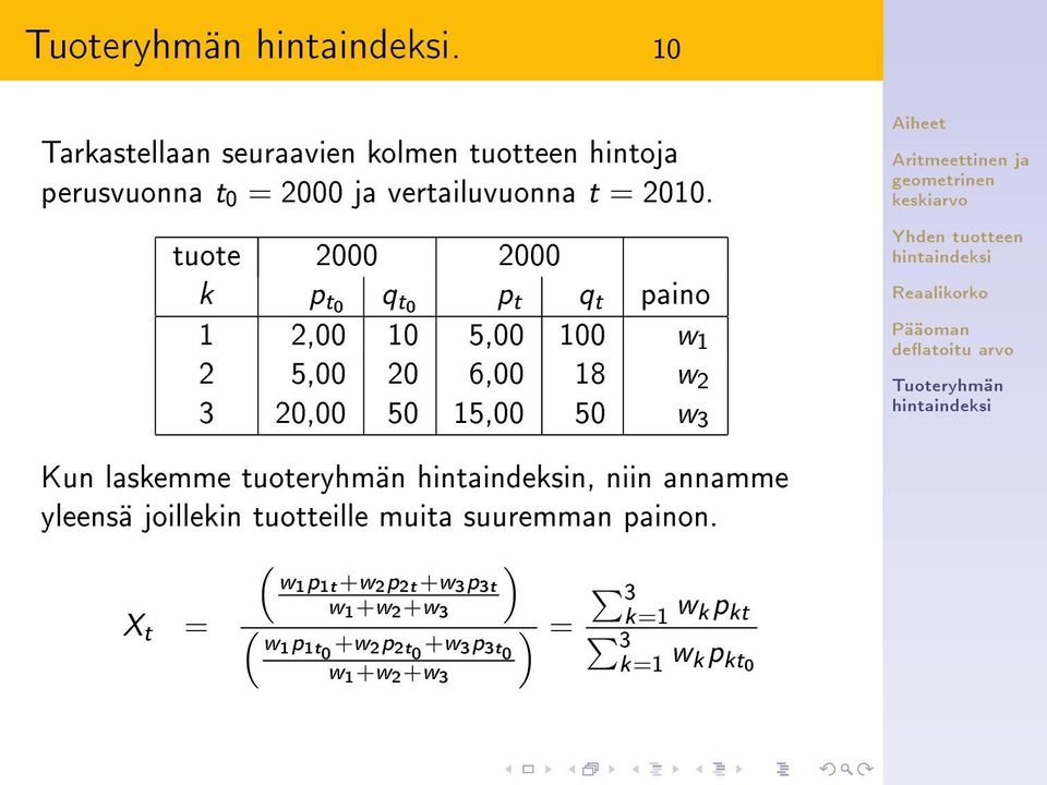 Kun laskemme tuoteryhmän n, niin annamme yleensä joillekin tuotteille muita suuremman painon.