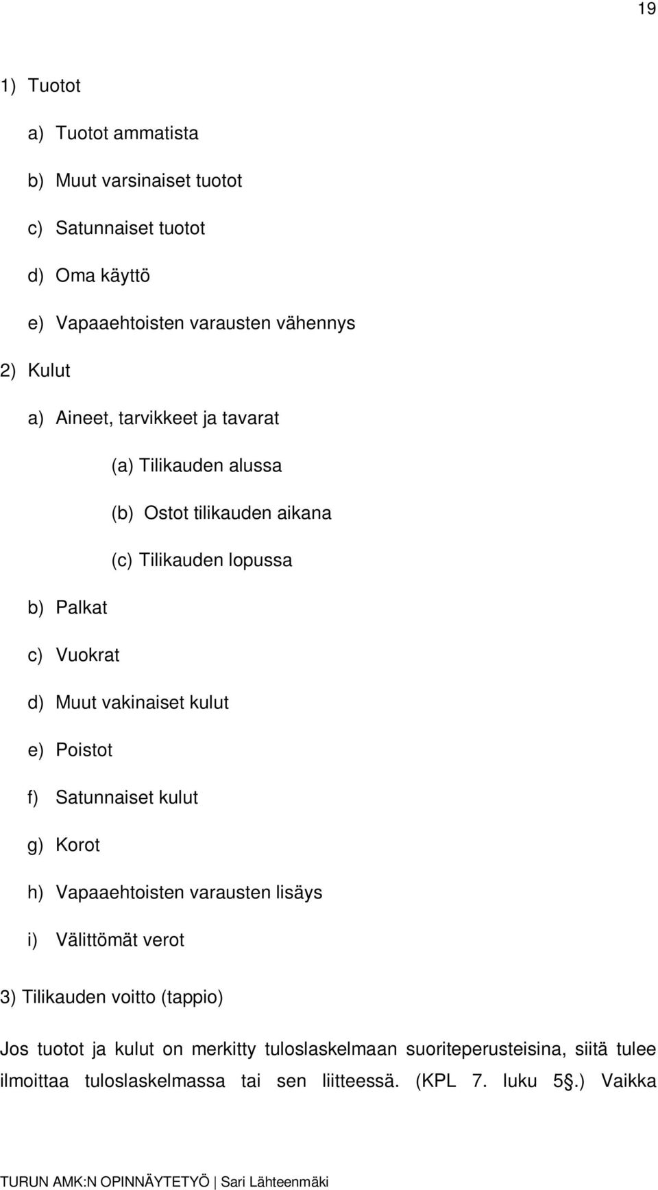 vakinaiset kulut e) Poistot f) Satunnaiset kulut g) Korot h) Vapaaehtoisten varausten lisäys i) Välittömät verot 3) Tilikauden voitto (tappio)