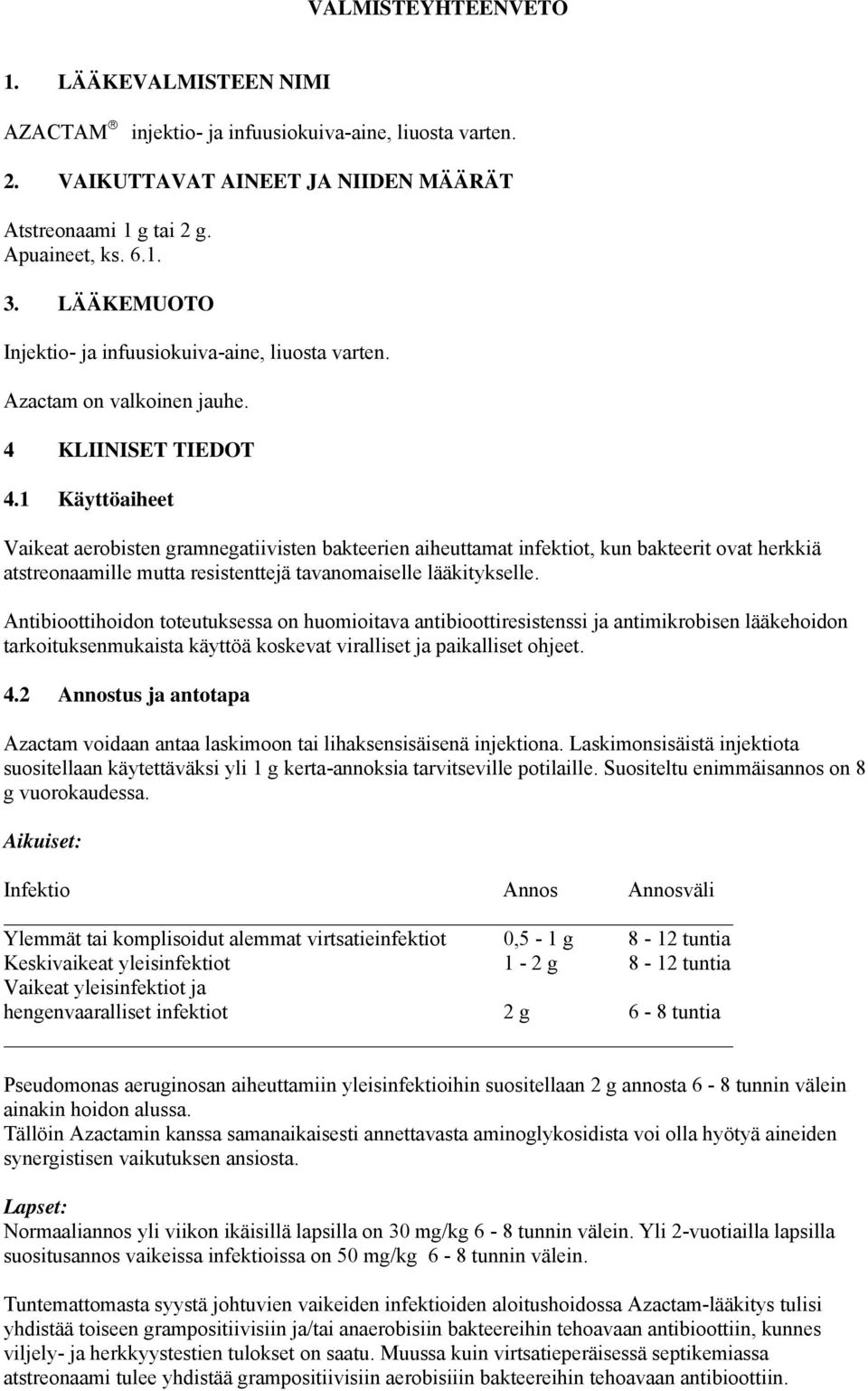 1 Käyttöaiheet Vaikeat aerobisten gramnegatiivisten bakteerien aiheuttamat infektiot, kun bakteerit ovat herkkiä atstreonaamille mutta resistenttejä tavanomaiselle lääkitykselle.