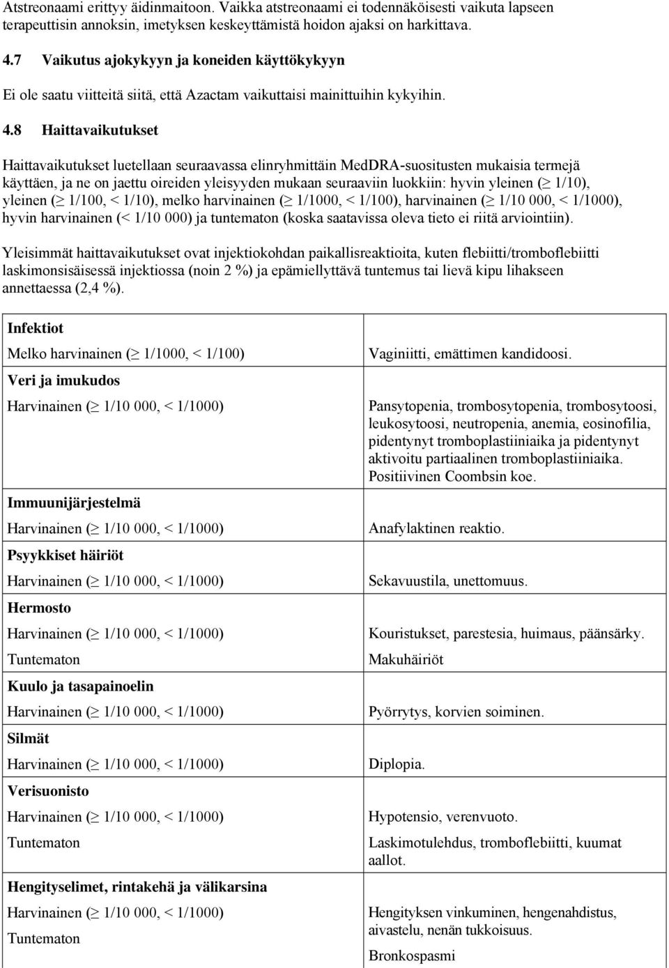 8 Haittavaikutukset Haittavaikutukset luetellaan seuraavassa elinryhmittäin MedDRA-suositusten mukaisia termejä käyttäen, ja ne on jaettu oireiden yleisyyden mukaan seuraaviin luokkiin: hyvin yleinen