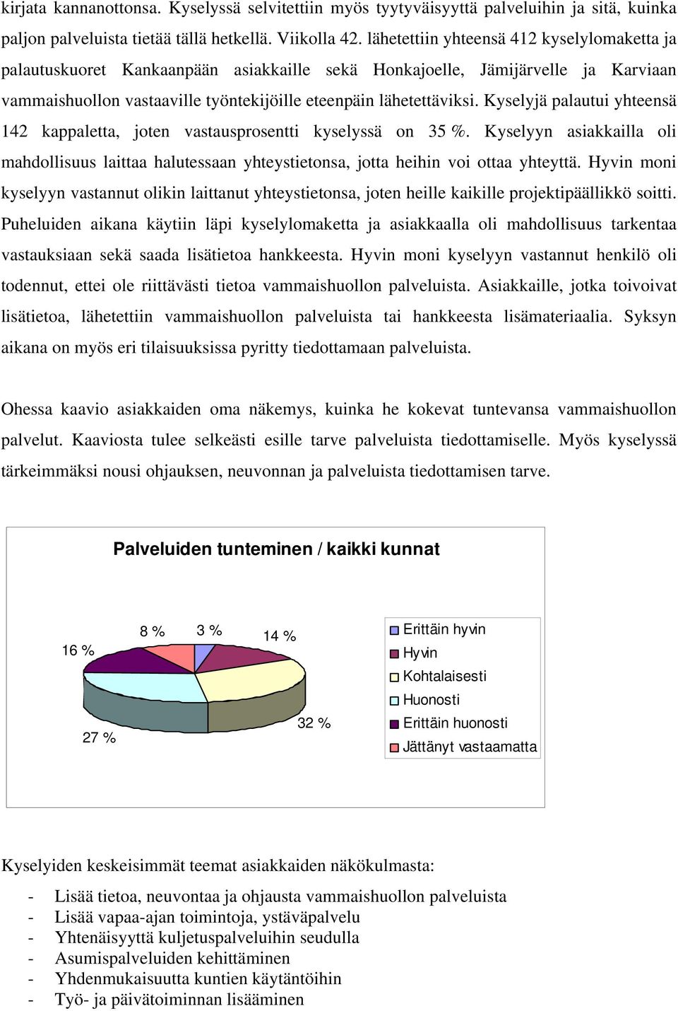 Kyselyjä palautui yhteensä 142 kappaletta, joten vastausprosentti kyselyssä on 35 %. Kyselyyn asiakkailla oli mahdollisuus laittaa halutessaan yhteystietonsa, jotta heihin voi ottaa yhteyttä.