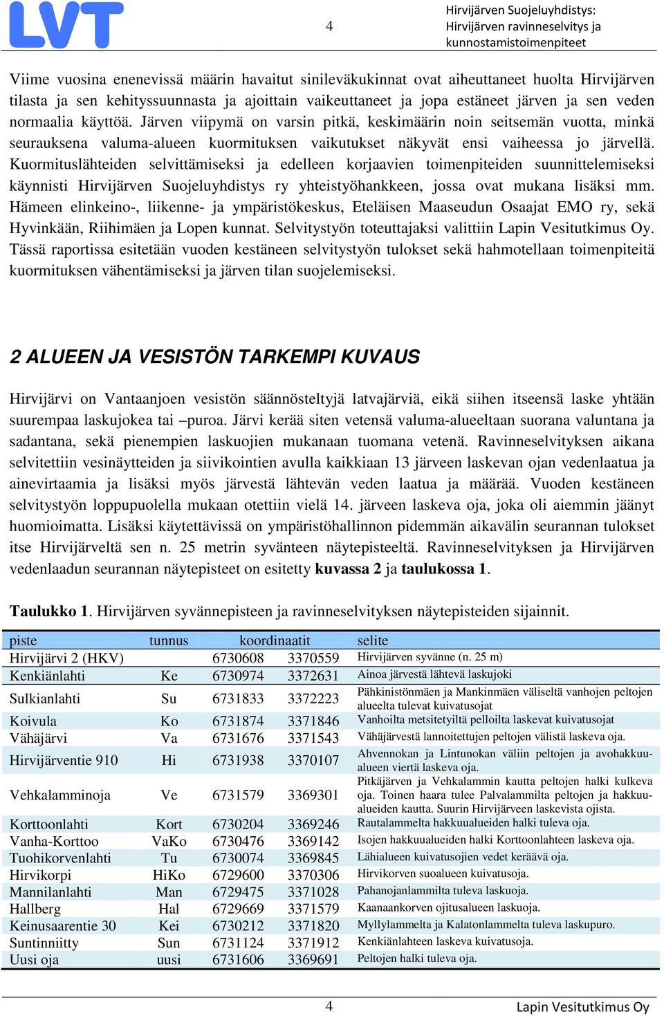 Kuormituslähteiden selvittämiseksi ja edelleen korjaavien toimenpiteiden suunnittelemiseksi käynnisti Hirvijärven Suojeluyhdistys ry yhteistyöhankkeen, jossa ovat mukana lisäksi mm.