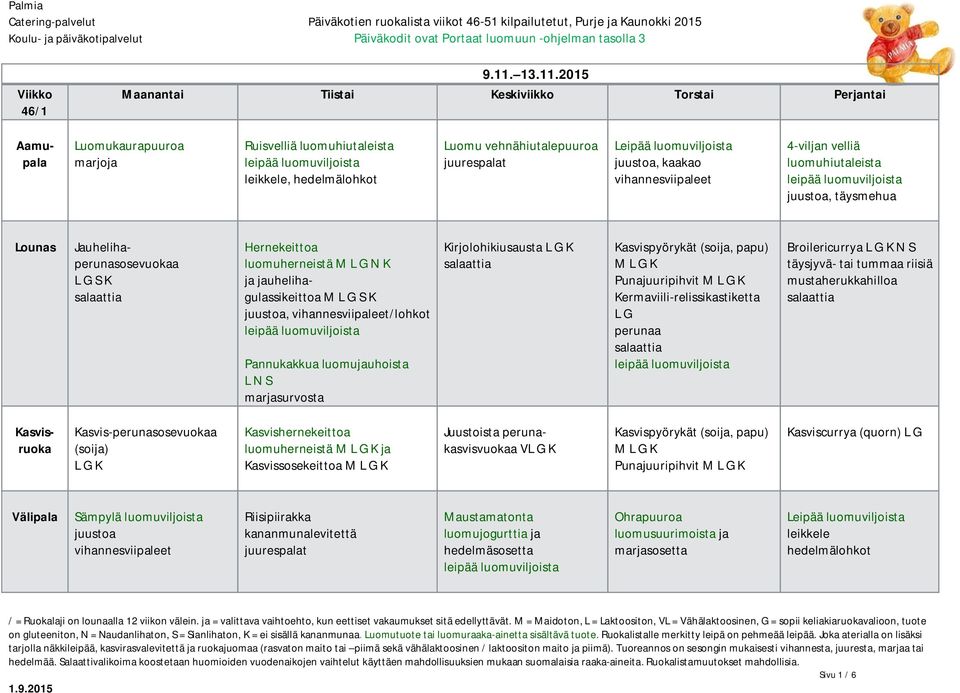 2015 Luomukaurapuuroa marjoja Ruisvelliä, Luomu vehnähiutalepuuroa Leipää luomuviljoista, kaakao 4-viljan velliä, täysmehua Jauhelihaperunasosevuokaa L G S K Hernekeittoa luomuherneistä M L G N K ja