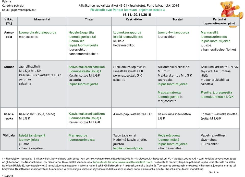 2015 47/2 Lapsen oikeuksien päivä Luomu ohrahiutalepuuroa Hedelmäjogurttia Luomukaurapuuroa Luomu 4-viljanpuuroa Mannavelliä /lohkot Jauhelihapihvit M L K ja M L S K Basilika-juustokastiketta