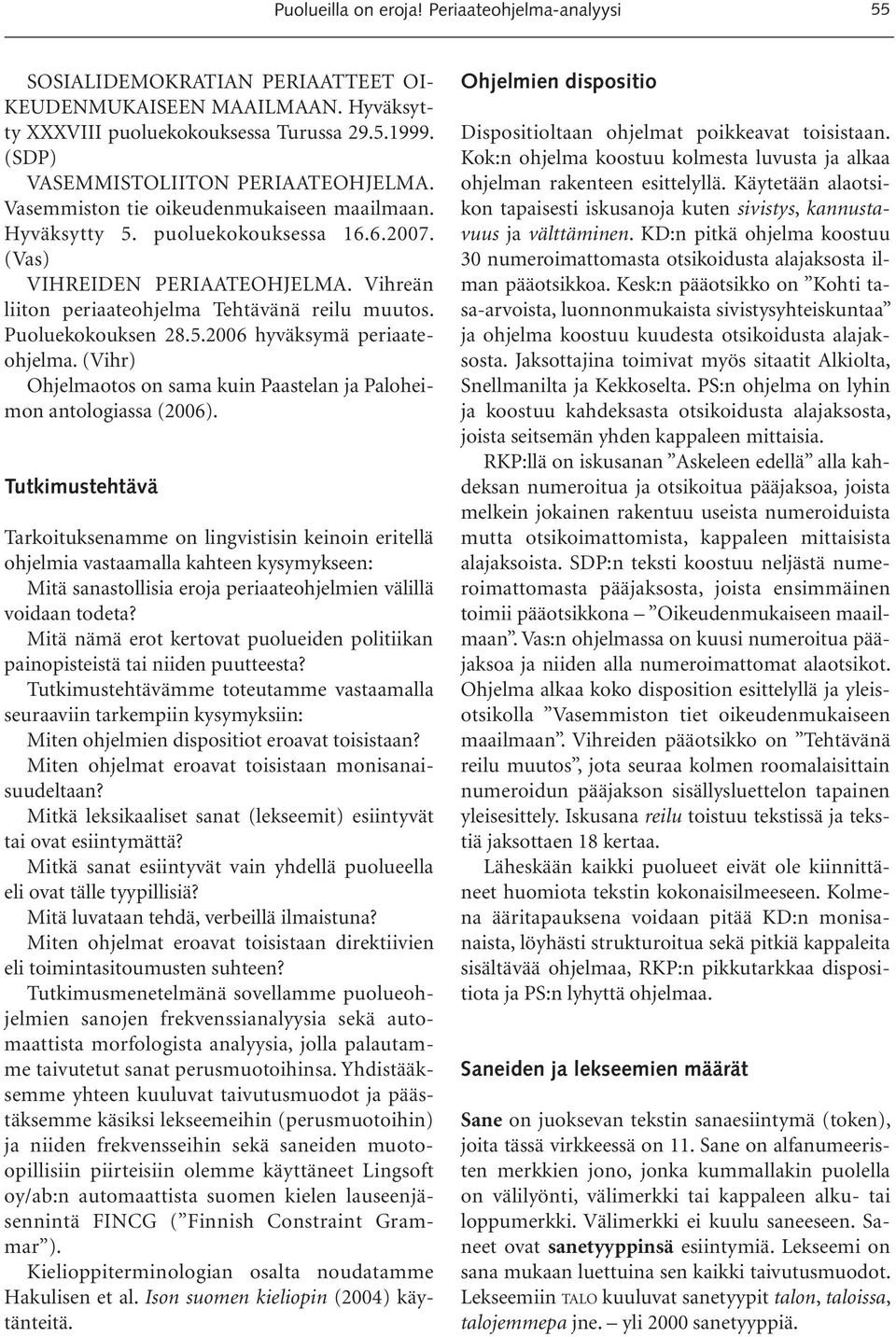 Vihreän liiton periaateohjelma Tehtävänä reilu muutos. Puoluekokouksen 28.5.2006 hyväksymä periaateohjelma. (Vihr) Ohjelmaotos on sama kuin Paastelan ja Paloheimon antologiassa (2006).