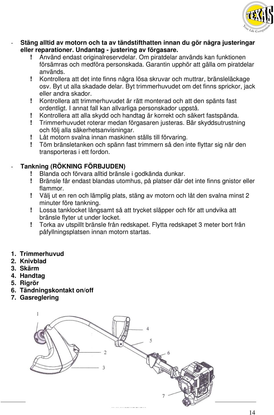 Kontrollera att det inte finns några lösa skruvar och muttrar, bränsleläckage osv Byt ut alla skadade delar Byt trimmerhuvudet om det finns sprickor, jack eller andra skador!