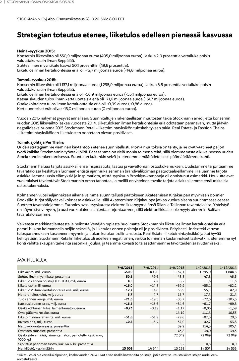 vertailukelpoisin valuuttakurssein ilman Seppälää. Suhteellinen myyntikate kasvoi 50,1 prosenttiin (49,6 prosenttia).
