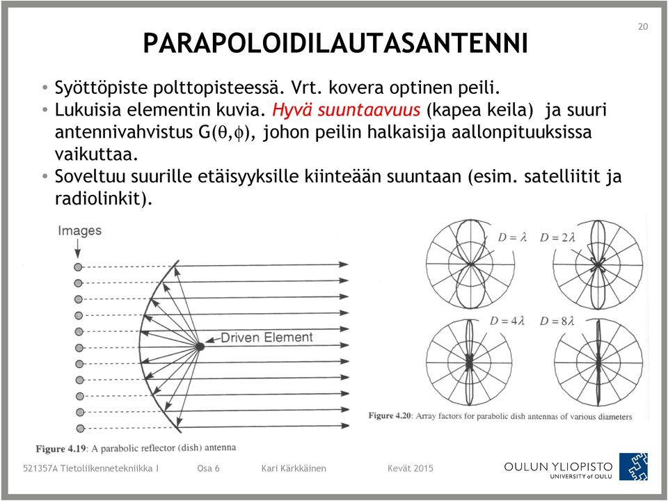 Hyvä suuntaavuus (kapea keila) ja suuri antennivahvistus G(θ,φ), johon peilin