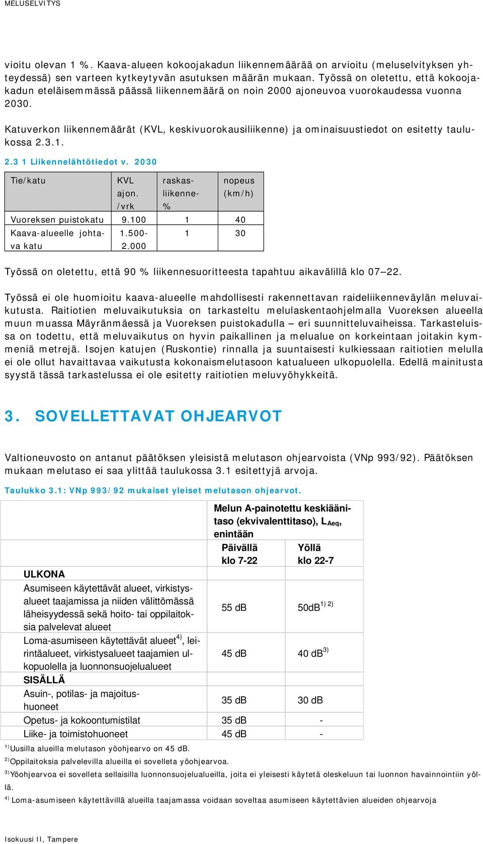 Katuverkon liikennemäärät (KVL, keskivuorokausiliikenne) ja ominaisuustiedot on esitetty taulukossa 2.3.1. 2.3 1 Liikennelähtötiedot v. 2030 Tie/katu KVL ajon.