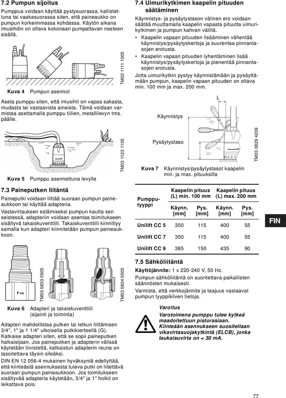 Tämä voidaan varmistaa asettamalla pumppu tiilien, metallilevyn tms. päälle. TM03 1111 1005 7.