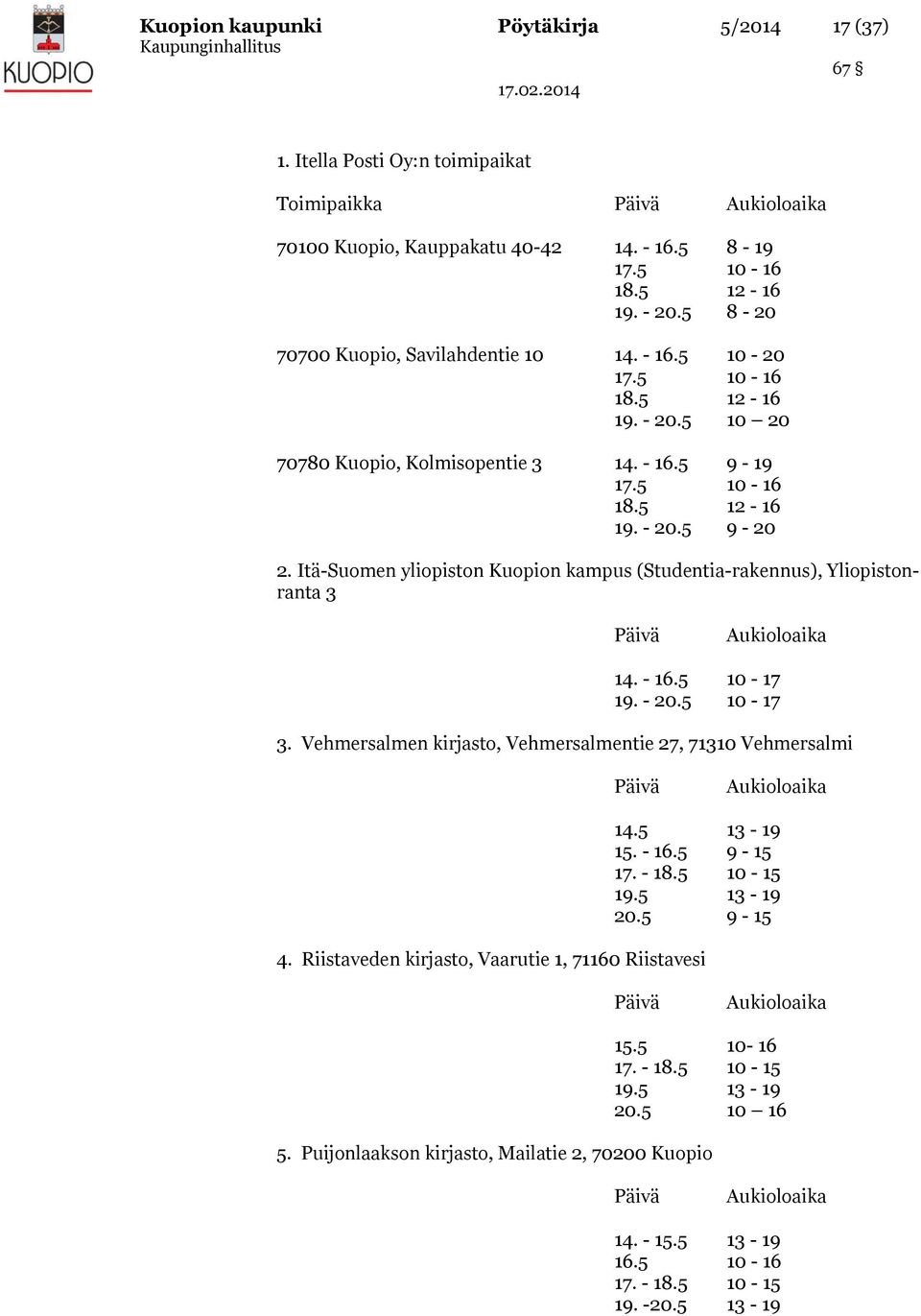 Itä-Suomen yliopiston Kuopion kampus (Studentia-rakennus), Yliopistonranta 3 Päivä Aukioloaika 14. - 16.5 10-17 19. - 20.5 10-17 3.