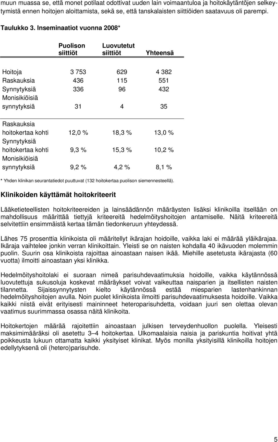 Inseminaatiot vuonna 2008* Puolison siittiöt Luovutetut siittiöt Yhteensä Hoitoja 3 753 629 4 382 Raskauksia 436 115 551 Synnytyksiä 336 96 432 Monisikiöisiä synnytyksiä 31 4 35 Raskauksia