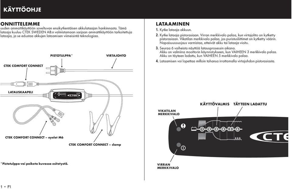 CTEK COMFORT CONNECT PISTOTULPPA* VIRTAJOHTO LATAAMINEN 1. Kytke lataaja akkuun. 2. Kytke lataaja pistorasiaan. Virran merkkivalo palaa, kun virtajohto on kytketty pistorasiaan.