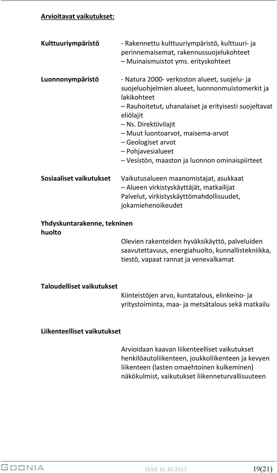 Direktiivilajit Muut luontoarvot, maisema-arvot Geologiset arvot Pohjavesialueet Vesistön, maaston ja luonnon ominaispiirteet Vaikutusalueen maanomistajat, asukkaat Alueen virkistyskäyttäjät,