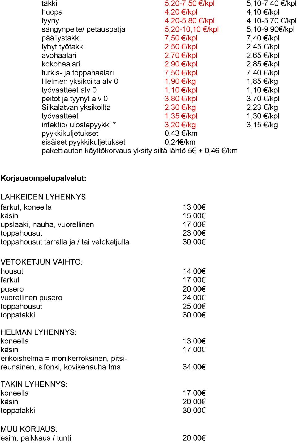 1,10 /kpl 1,10 /kpl peitot ja tyynyt alv 0 3,80 /kpl 3,70 /kpl Siikalatvan yksiköiltä 2,30 /kg 2,23 /kg työvaatteet 1,35 /kpl 1,30 /kpl infektio/ ulostepyykki * 3,20 /kg 3,15 /kg pyykkikuljetukset