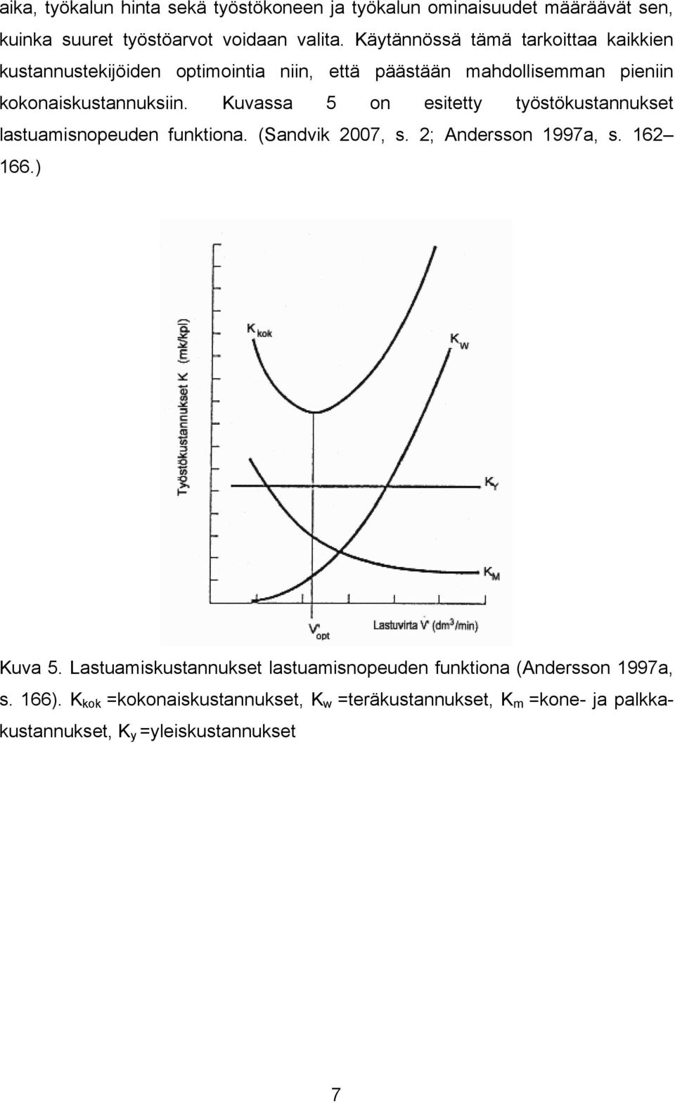 Kuvassa 5 on esitetty työstökustannukset lastuamisnopeuden funktiona. (Sandvik 2007, s. 2; Andersson 1997a, s. 162 166.) Kuva 5.