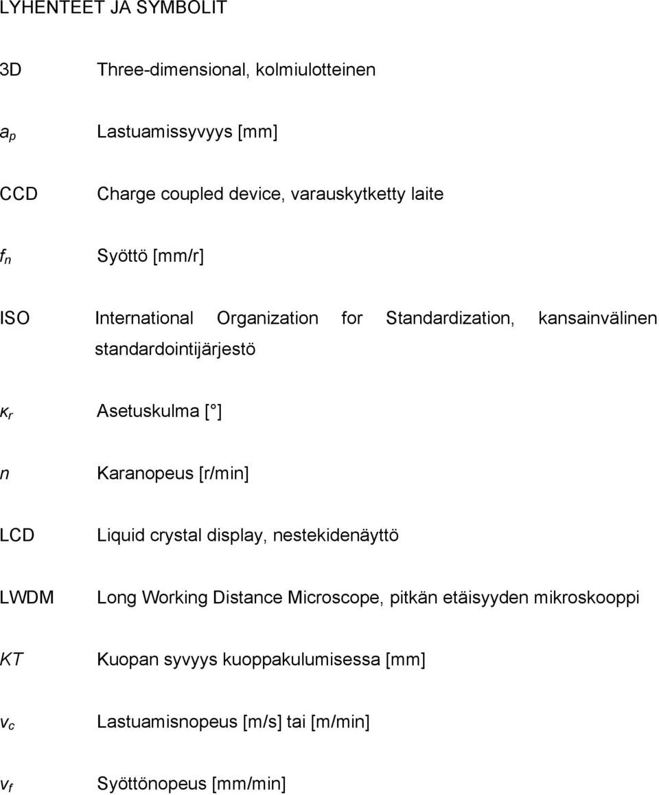 standardointijärjestö κ r Asetuskulma [ ] n Karanopeus [r/min] LCD Liquid crystal display, nestekidenäyttö LWDM Long Working