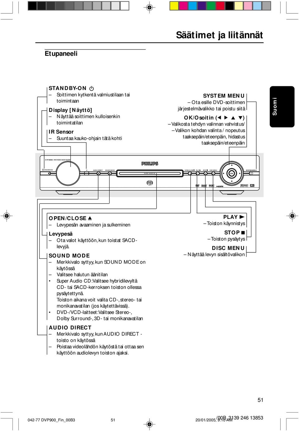 taaksepäin/eteenpäin Suomi DVP 9000S STANDBY-ON AUDIO DIECT SOUND MODE OPEN/COSE PAY STOP DISC MENU SYSTEM MENU OK OPEN/COSE / evypesän avaaminen ja sulkeminen evypesä Ota valot käyttöön, kun toistat