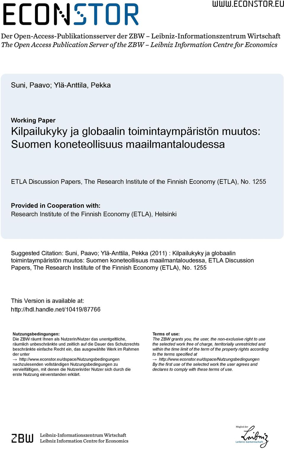 eu Der Open-Access-Publikationsserver der ZBW Leibniz-Informationszentrum Wirtschaft The Open Access Publication Server of the ZBW Leibniz Information Centre for Economics Suni, Paavo; Ylä-Anttila,