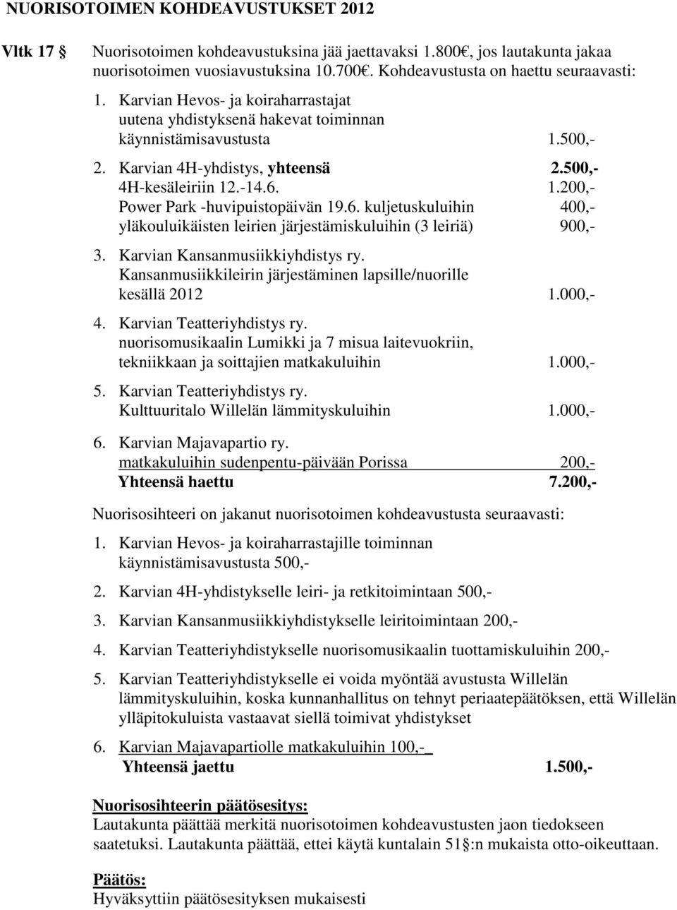 6. kuljetuskuluihin 400,- yläkouluikäisten leirien järjestämiskuluihin (3 leiriä) 900,- 3. Karvian Kansanmusiikkiyhdistys ry. Kansanmusiikkileirin järjestäminen lapsille/nuorille kesällä 2012 1.