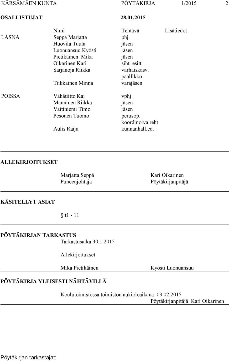 päällikkö Tiikkainen Minna varajäsen POISSA Vähätiitto Kai vphj. Manninen Riikka jäsen Vaitiniemi Timo jäsen Pesonen Tuomo perusop. koordinoiva reht. Aulis Raija kunnanhall.ed.