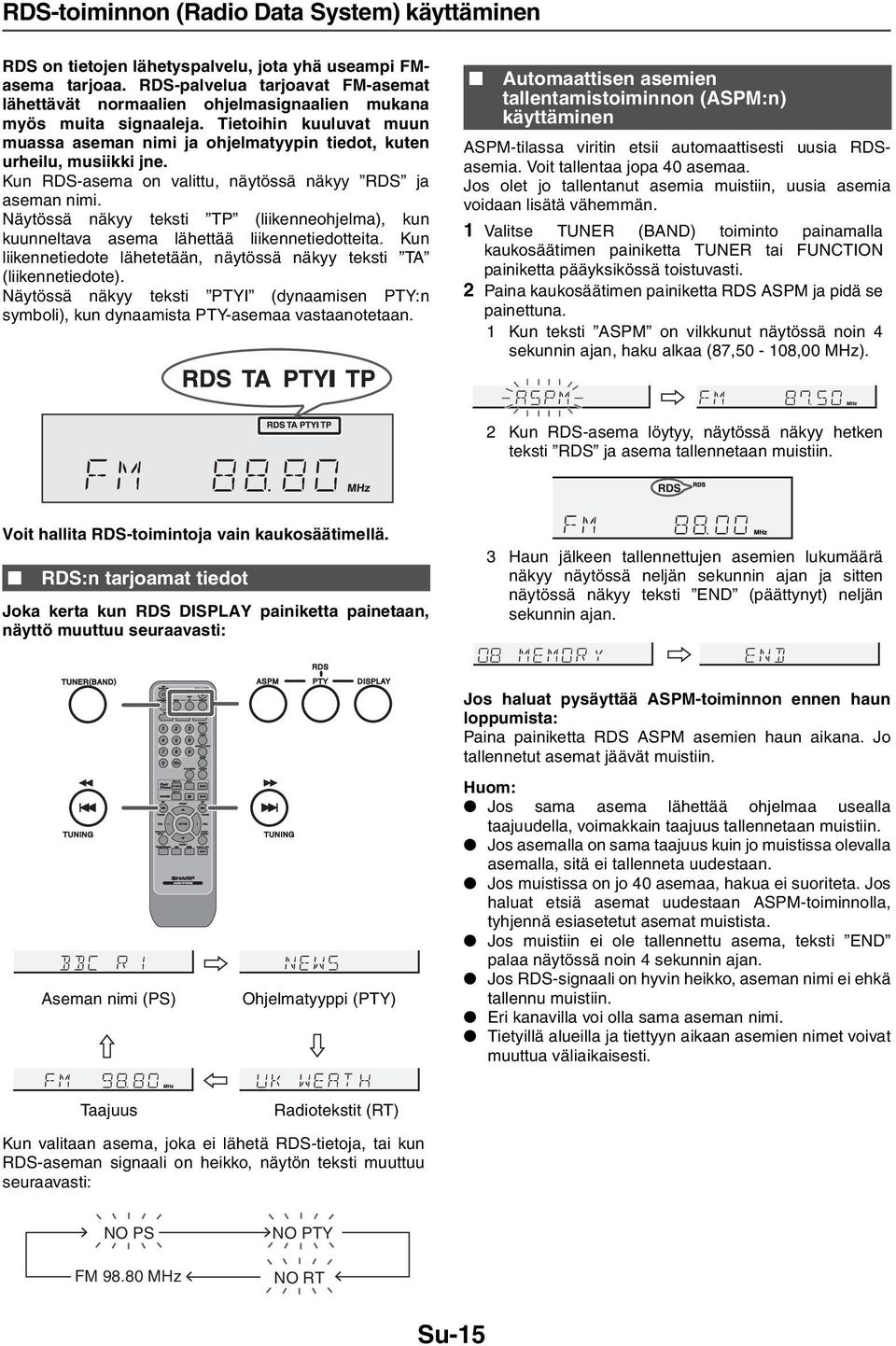 Kun RDS-asema on valittu, näytössä näkyy RDS ja aseman nimi. Näytössä näkyy teksti TP (liikenneohjelma), kun kuunneltava asema lähettää liikennetiedotteita.