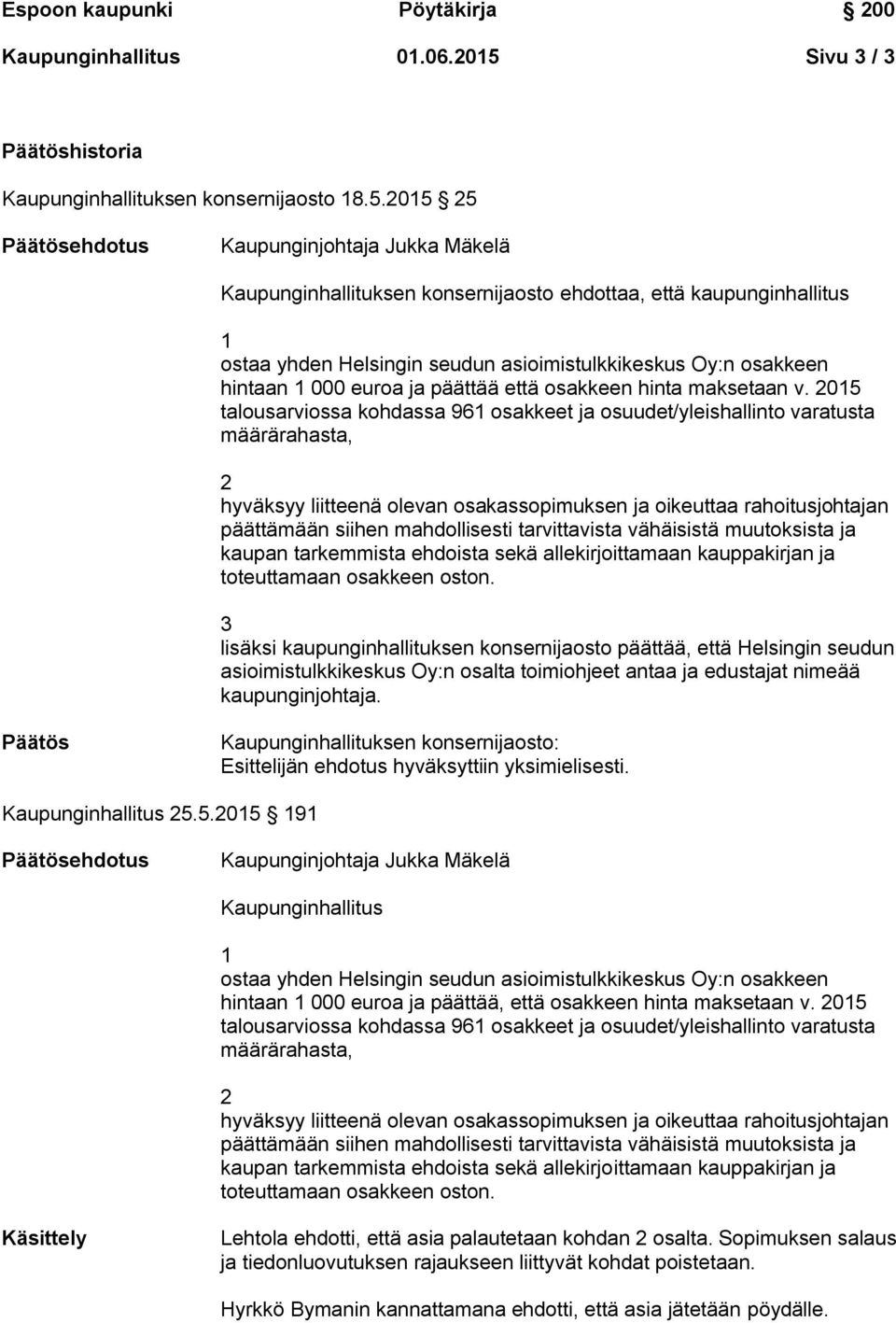 antaa ja edustajat nimeää kaupunginjohtaja. Kaupunginhallituksen konsernijaosto: Esittelijän ehdotus hyväksyttiin yksimielisesti. 5.