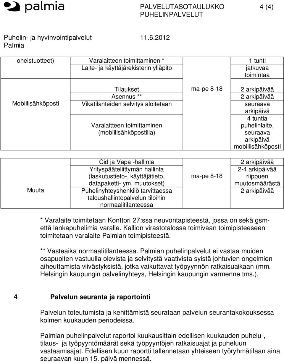 Varalaitteen toimittaminen (mobiilisähköpostilla) ma-pe 8-18 seuraava arkipäivä 4 tuntia puhelinlaite, seuraava arkipäivä mobiilisähköposti Muuta Cid ja Vapa -hallinta Yrityspääteliittymän hallinta