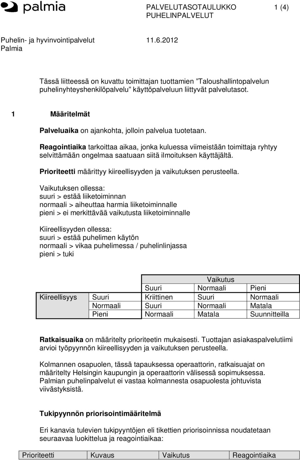 1 Määritelmät Palveluaika on ajankohta, jolloin palvelua tuotetaan.