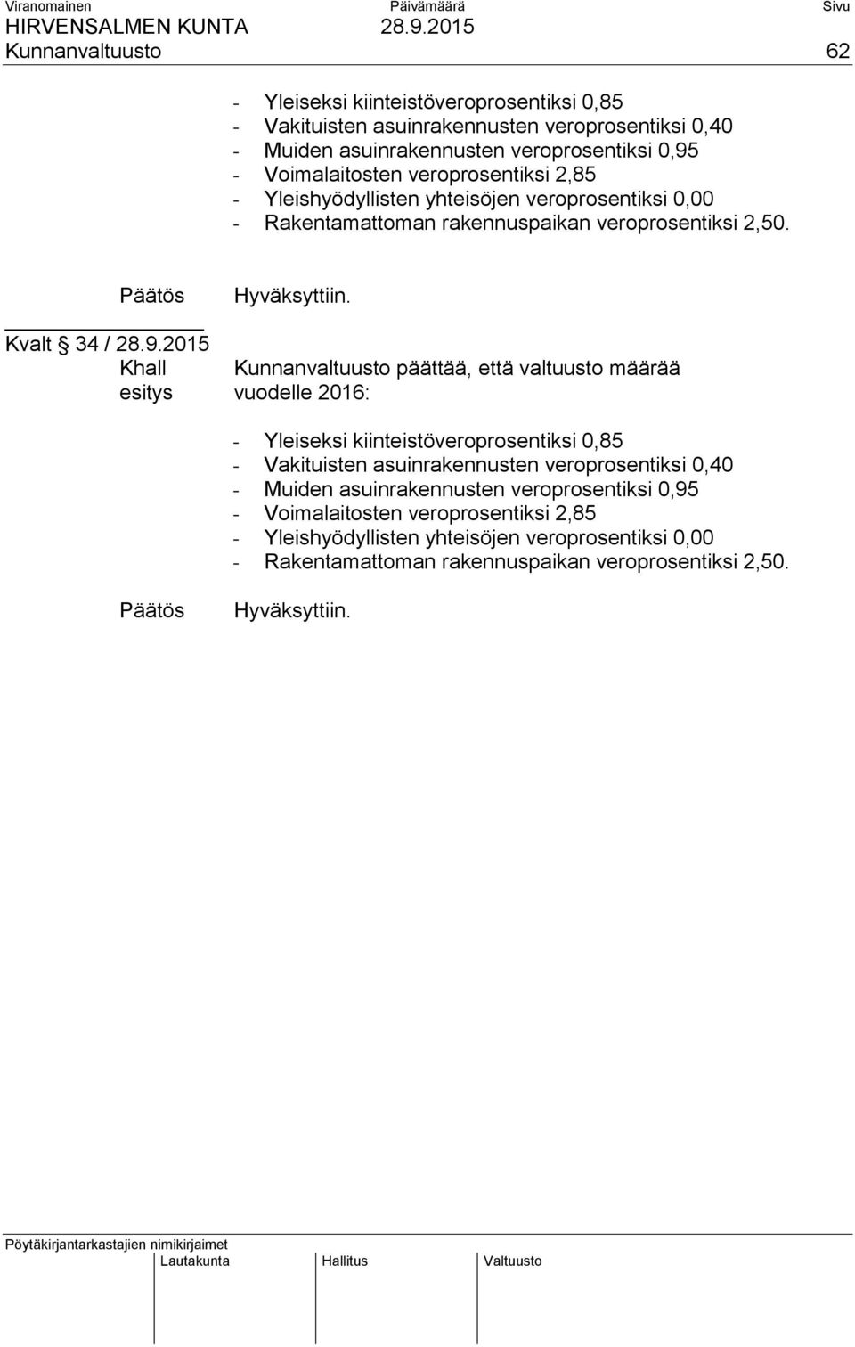 2015 Khall Kunnanvaltuusto päättää, että valtuusto määrää esitys vuodelle 2016: - Yleiseksi kiinteistöveroprosentiksi 0,85 - Vakituisten asuinrakennusten veroprosentiksi 0,40 -