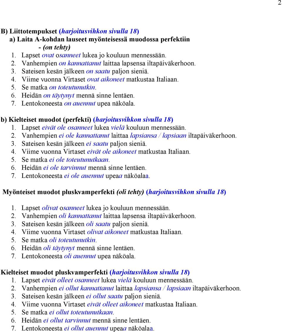 6. Heidän on täytynyt mennä sinne lentäen. 7. Lentokoneesta on auennut upea näköala. b) Kielteiset muodot (perfekti) (harjoitusvihkon sivulla 18) 1.